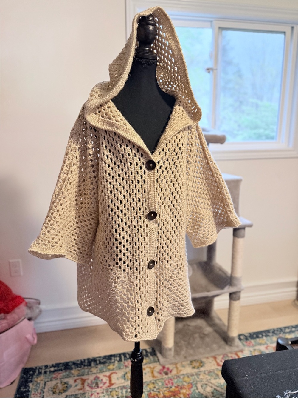Hooded Open-Knit Button-Front Shrug in Cream